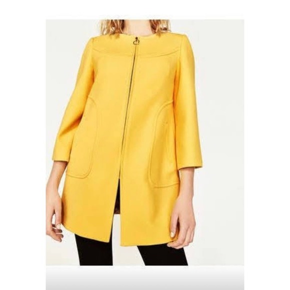 Zara Yellow Round Neck Full Zip Tailored Coat 3/4 Length Sleeves Size Medium - Picture 10 of 10